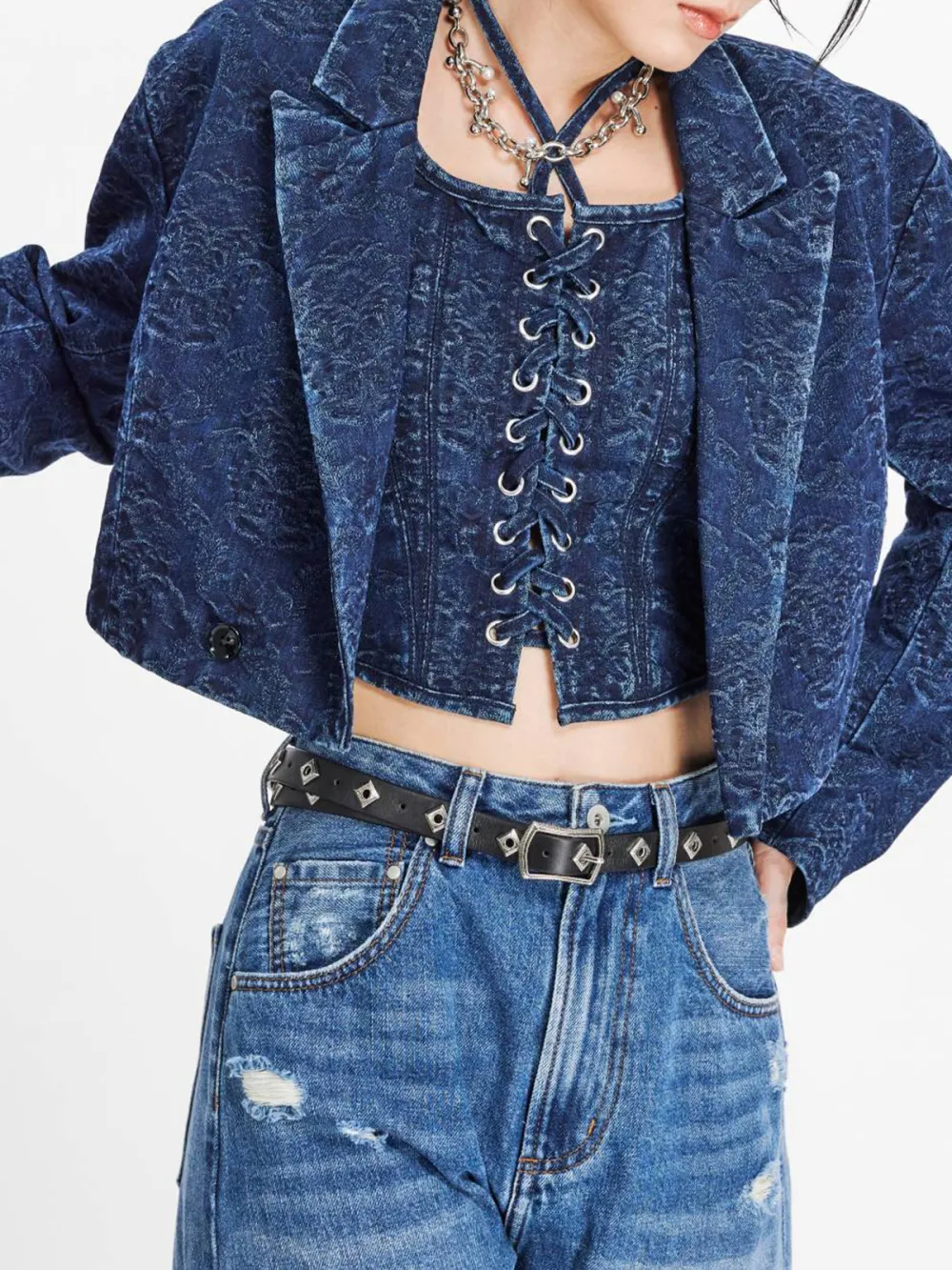 Cropped Jacquard Denim Blazer