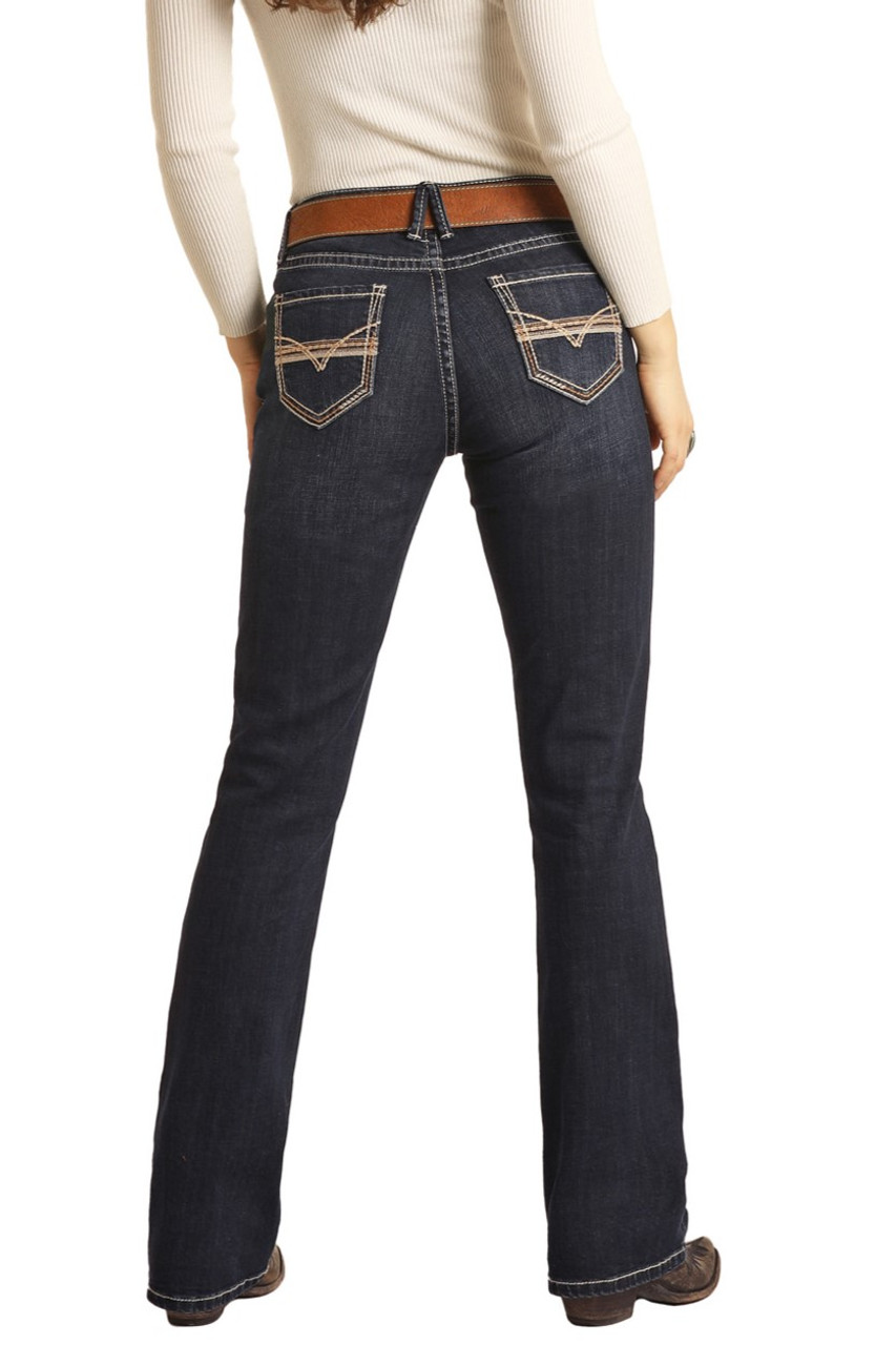 Women's mid-waist pocket line design details denim pants