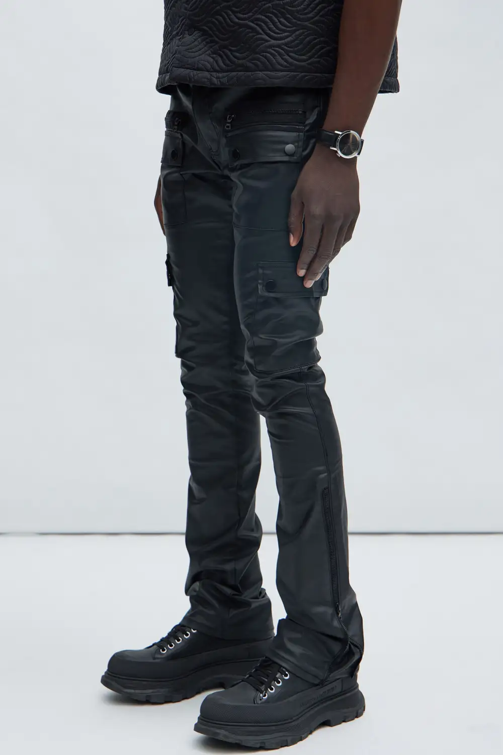 On The Verge Waxed Cargo Zipper Flare Pants