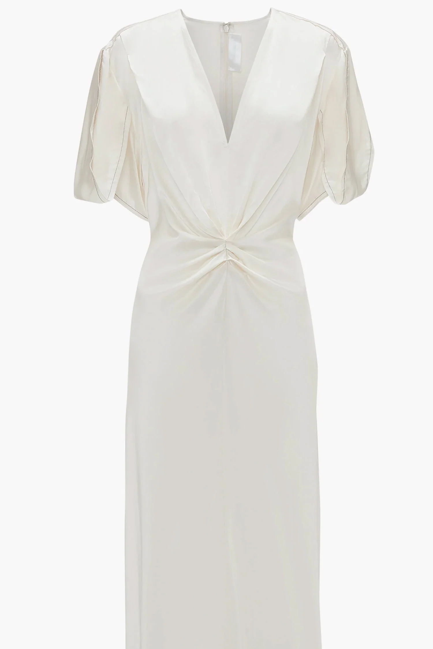 Ivory Gathered V Neck Midi Dress