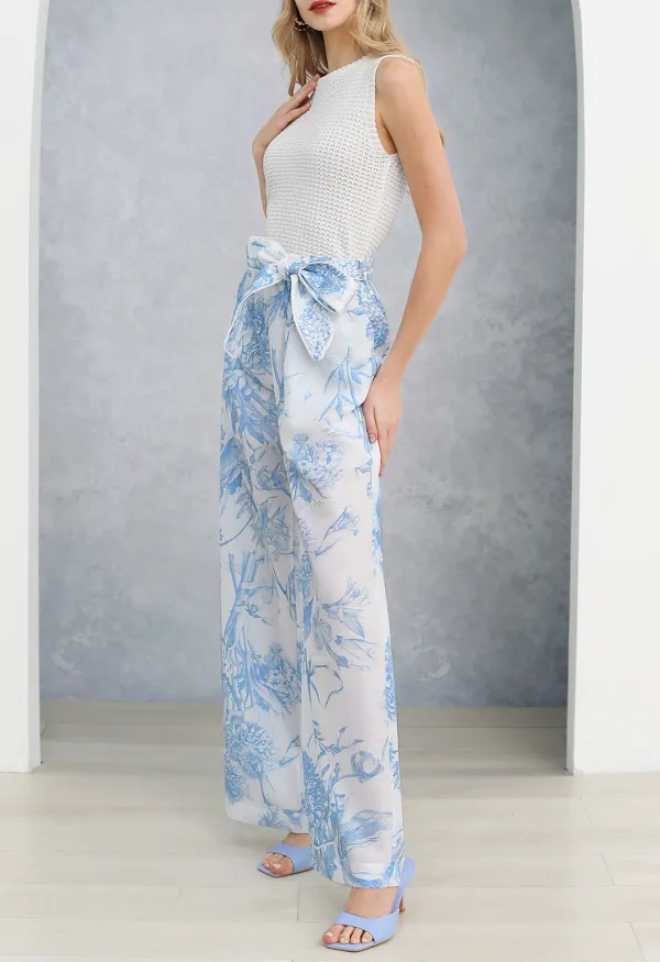 BLUE BOUQUET PRINTED WIDE-LEG PANTS