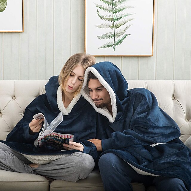 Women's Christmas Couple‘s Pajamas Nightgown Hoodie Blanket Wearable Blanket Grid / Plaid Pure Color Plush Simple Comfort Xmas Home Party Fleece Warm Gift Patchwork Pocket Fall Winter Black Gray