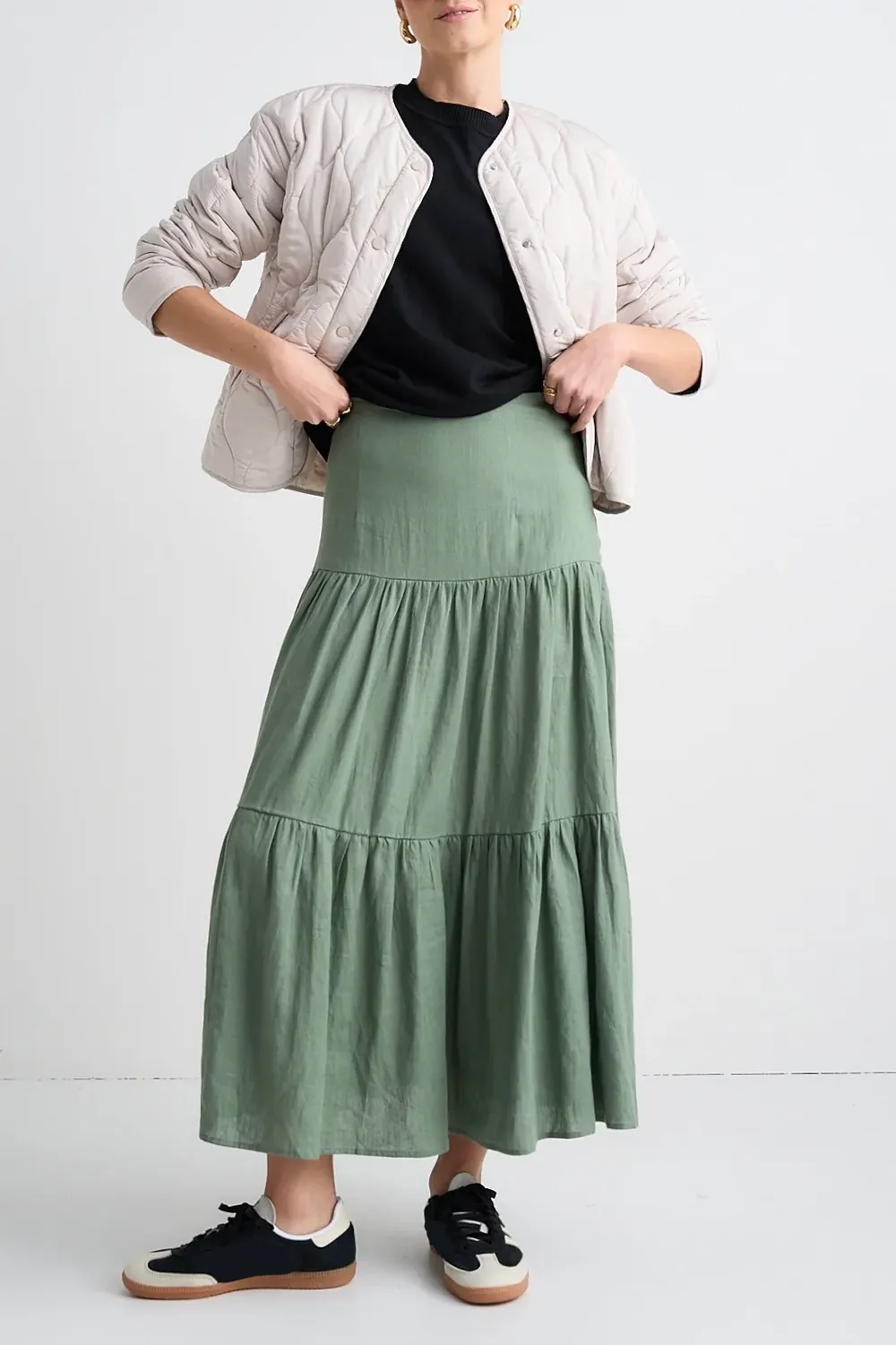 Blazing Moss Tiered Linen Midi Skirt