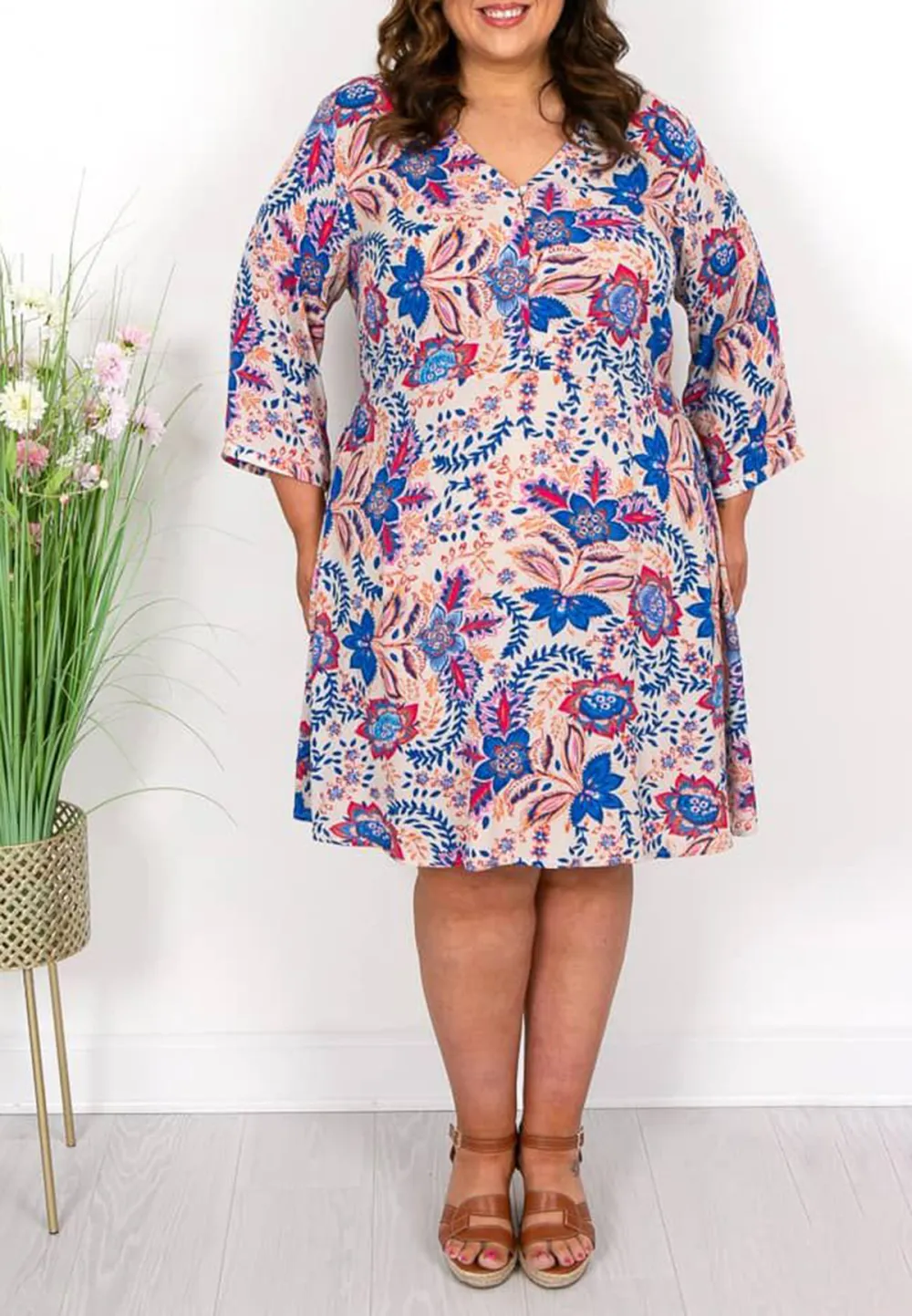 Ivory Blue and Pink Paisley Dress