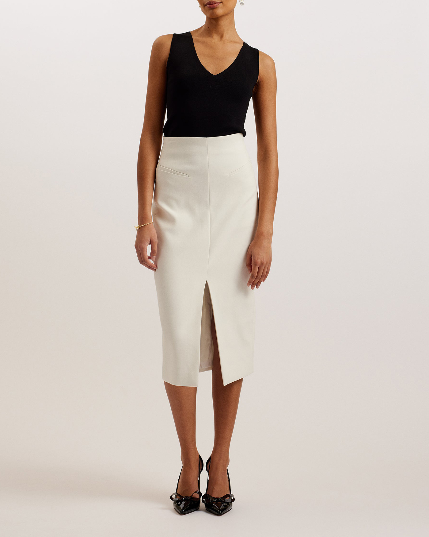 Manabus Tailored Midi Pencil Skirt With Front Split White