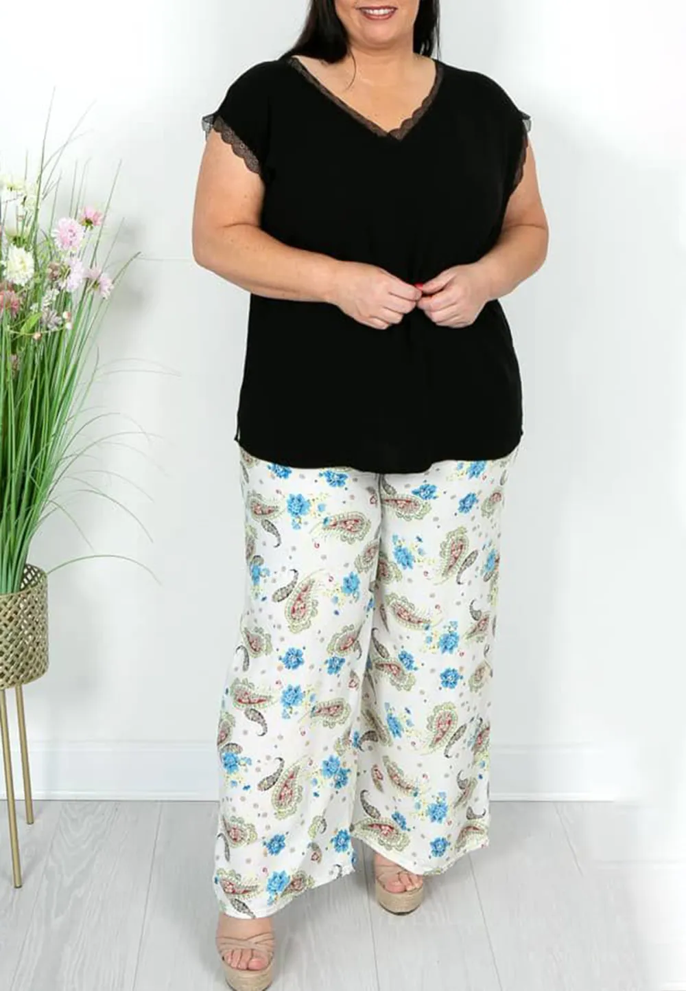 White Paisley Print Trousers