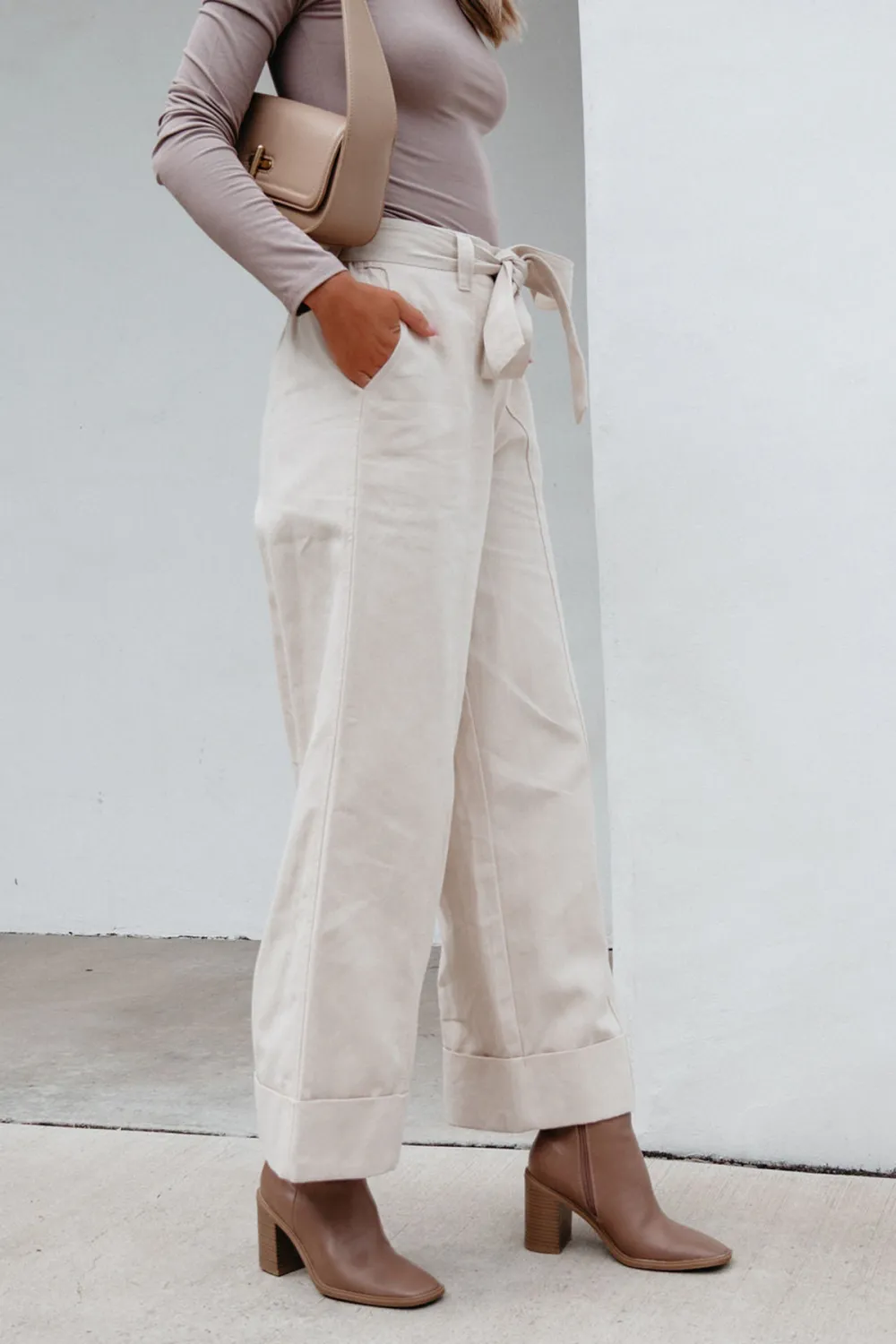 Belted Wide Leg Cuffed Pants - Natural