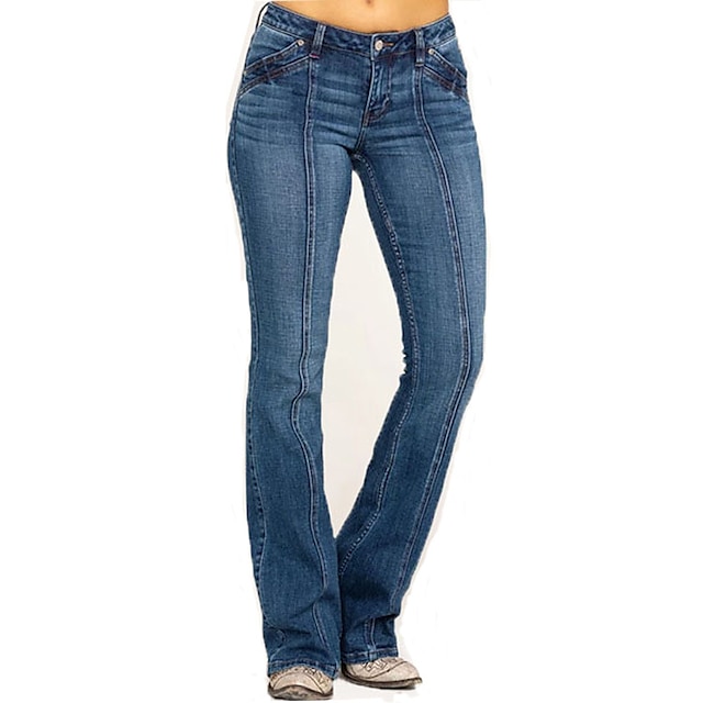 Women‘s Low Rise Jeans Flared Pants Bell Bottom Full Length Denim Side Pockets Wide Leg Micro-elastic Fashion Street Casual Blue Deep Blue S M