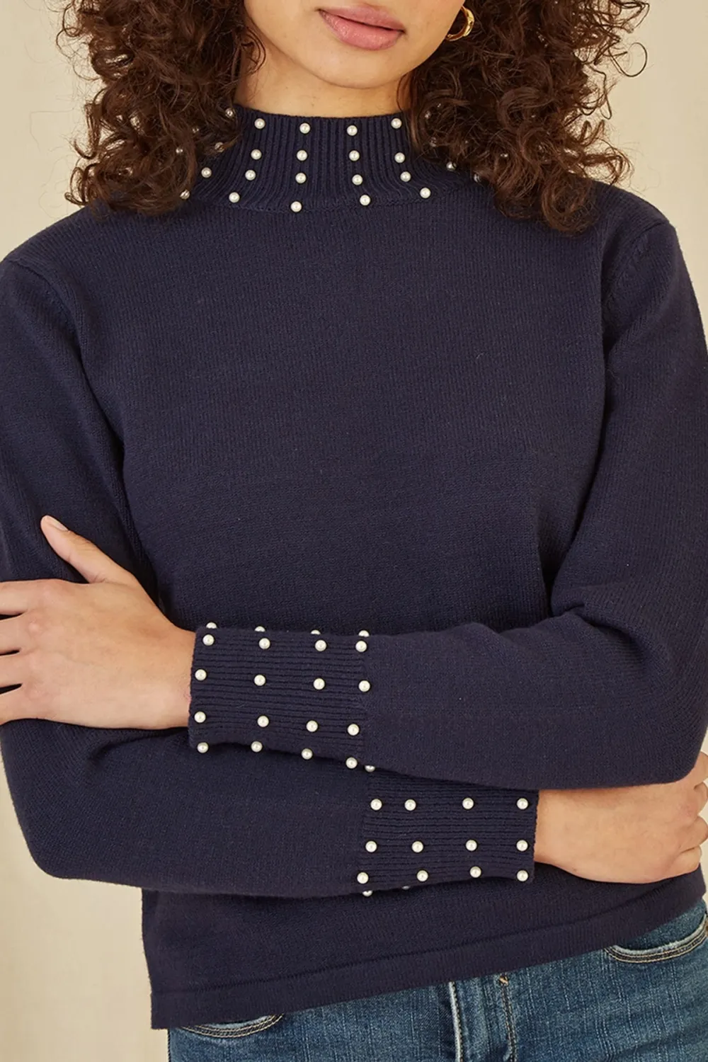 Navy Pearl Detail High Neck Jumper