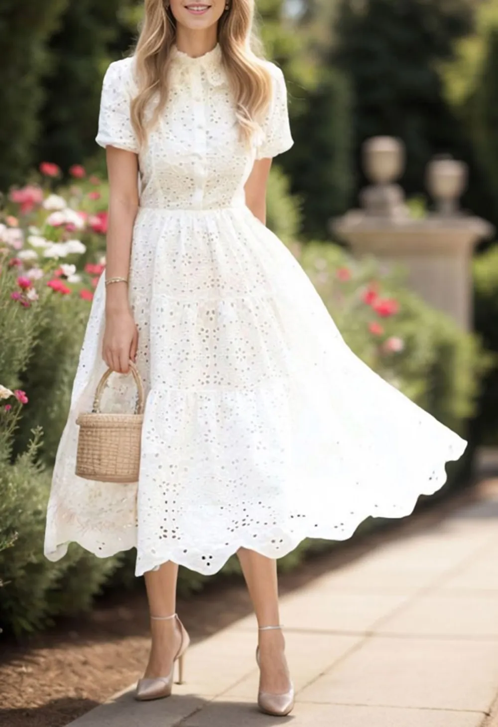 CROCHET COLLAR EMBROIDERED EYELET COTTON DRESS