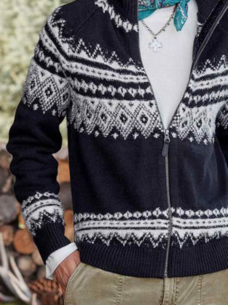 Retro printed zipper knitted cardigan