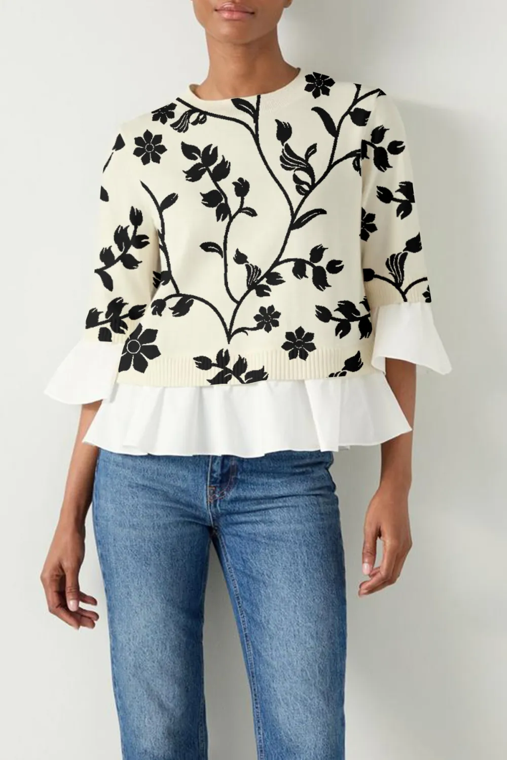 Maisie Ivory & White Poplin Frill Trim Jumper