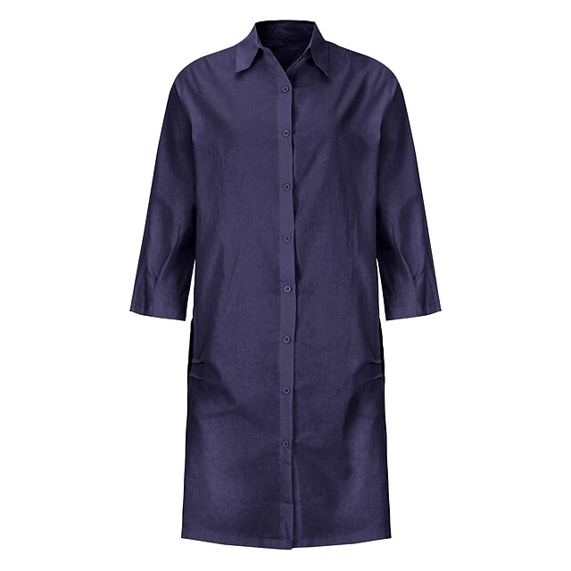 Women's Shirt Dress Casual Dress Cotton Linen Dress Midi Dress Cotton Blend Simple Basic Home Street Daily Shirt Collar Pocket Long Sleeve Summer Spring Fall 2023 Loose Fit Black White Yellow Pure