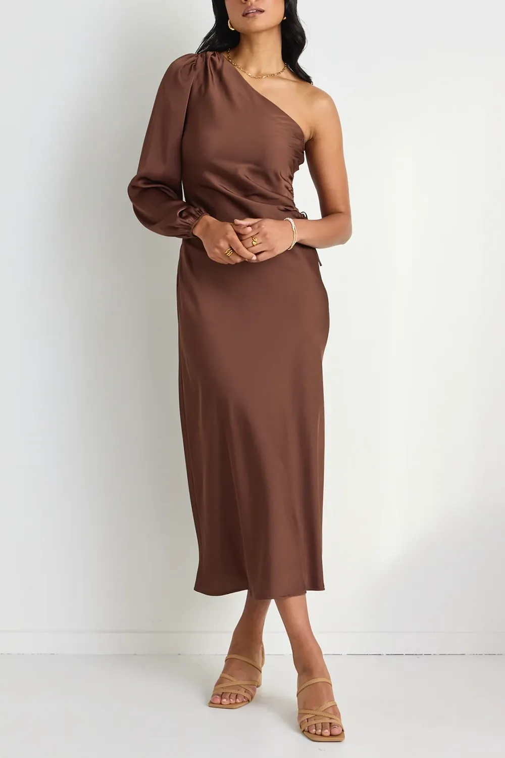 Mythical Chocolate Satin One Shoulder LS Midi Dress