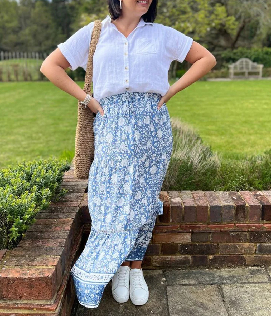 Blue Floral Tiered Midi skirt