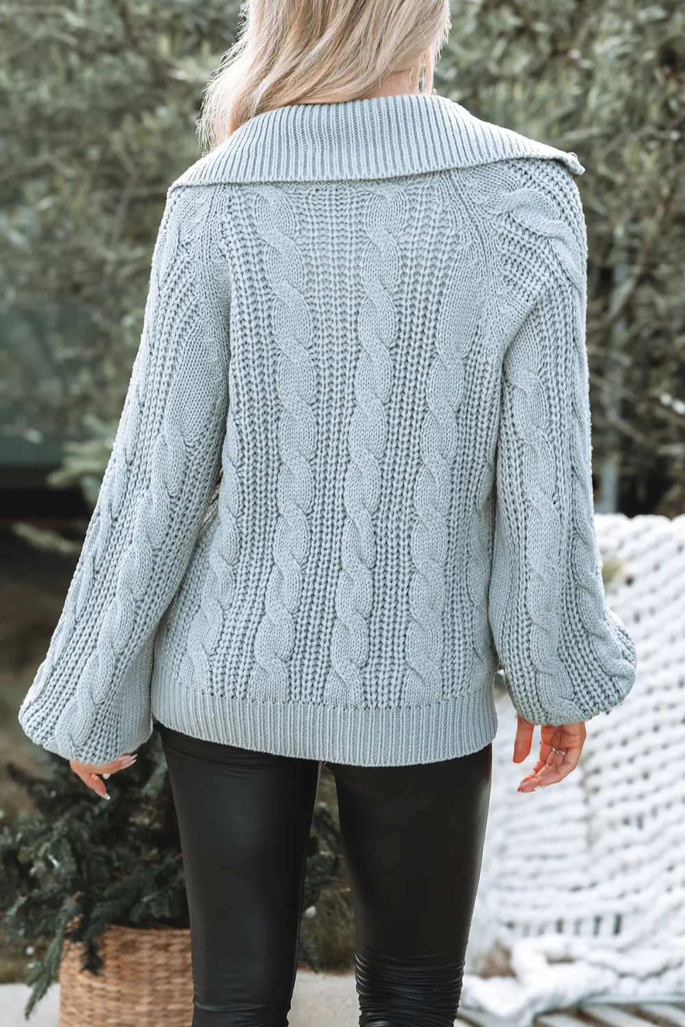 Grey Cable Knit Zip Up Sweater