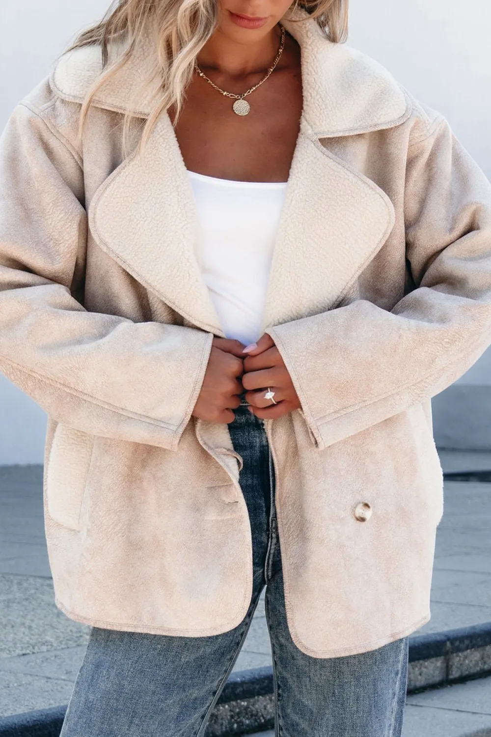 Faux Suede Sherpa Jacket - Beige