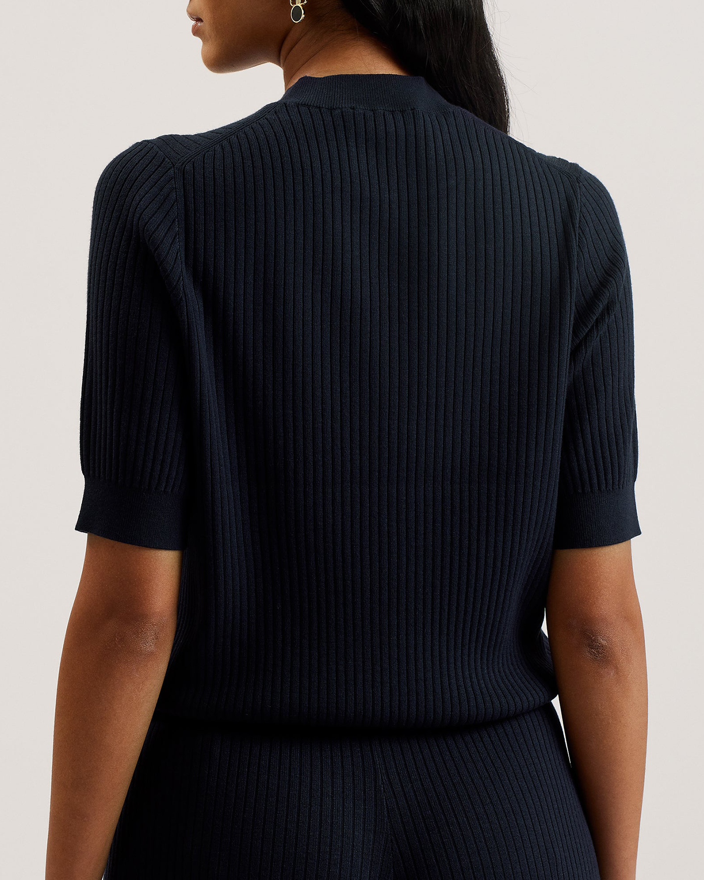 Ellihaa Ribbed Knitted Half Sleeve Top Navy