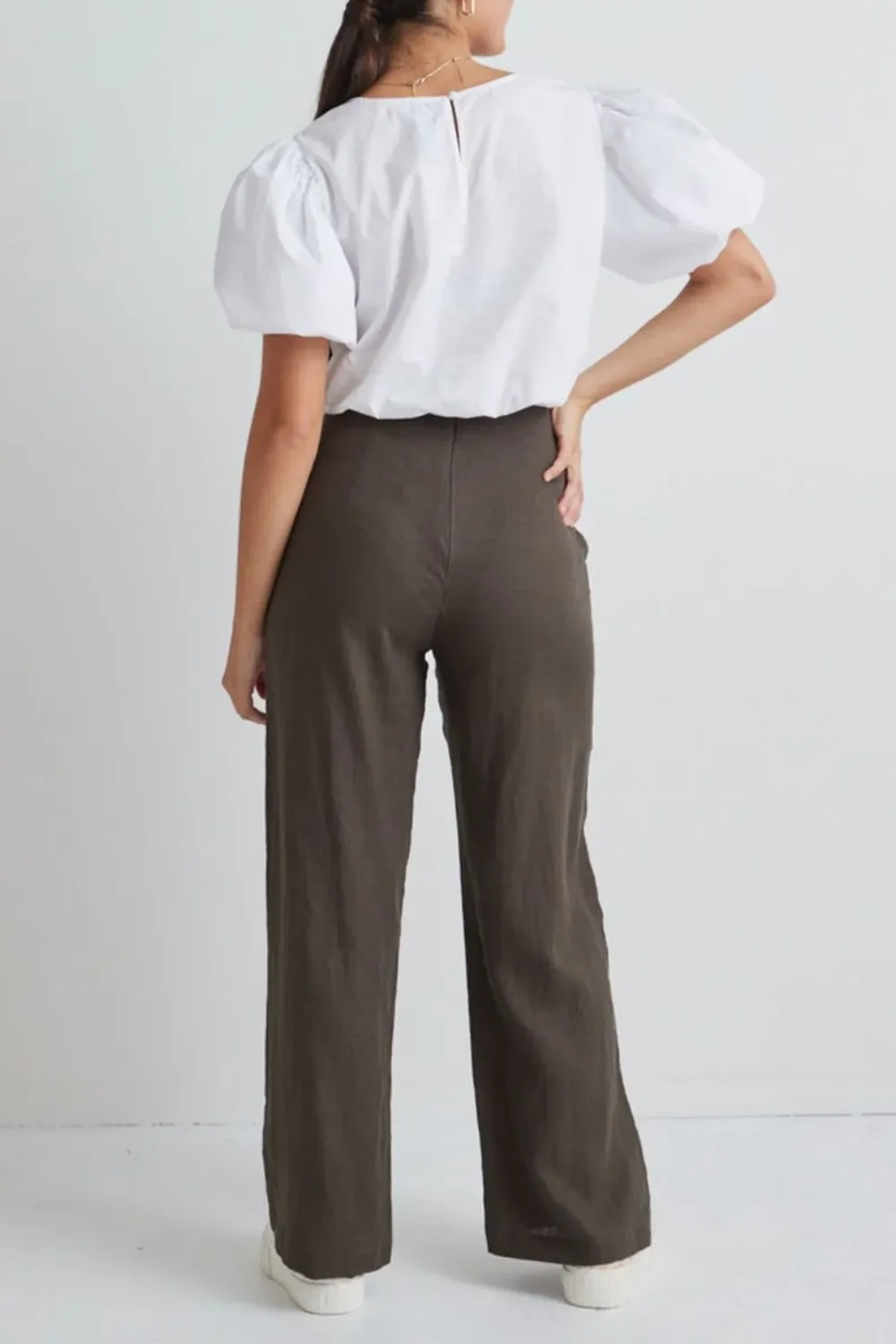 Freedom Dark Olive Linen Flat Front Deep Waistband Wide Leg Pant