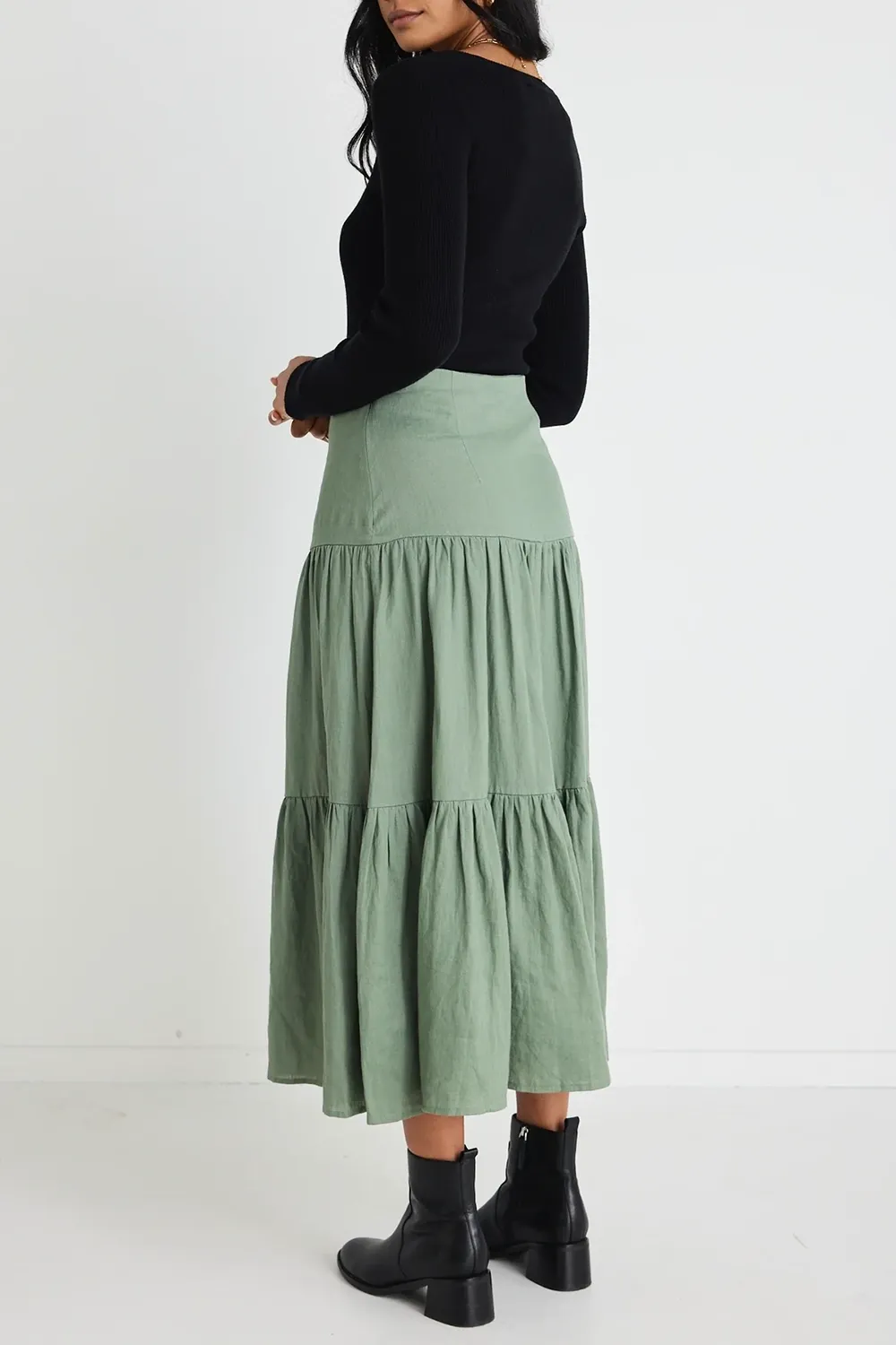 Blazing Moss Tiered Linen Midi Skirt