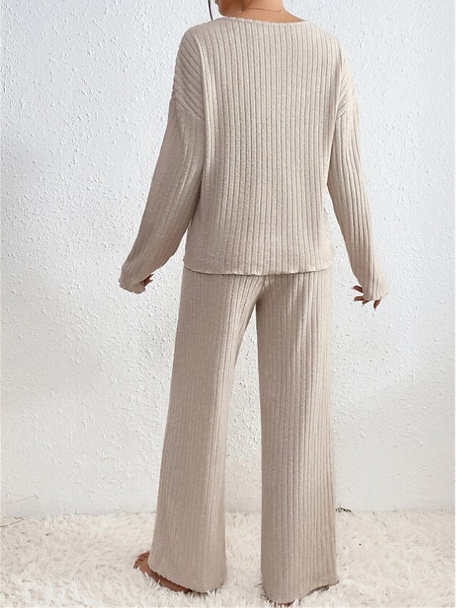 Women's Loungewear Sets Pure Color Casual Comfort Soft Home Daily Vacation Polyester Breathable V Wire Long Sleeve Sweater Pant Fall Winter Black Brown
