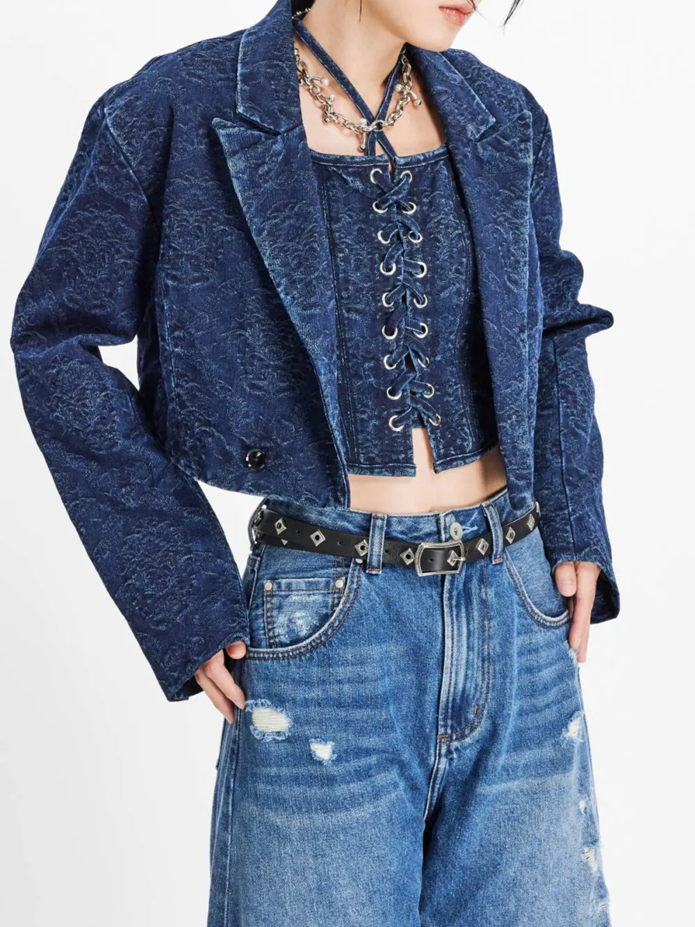 Cropped Jacquard Denim Blazer