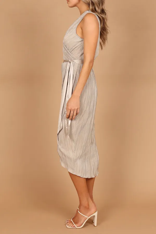 POITRE PLEATED WRAP MIDI DRESS - CHAMPAGNE