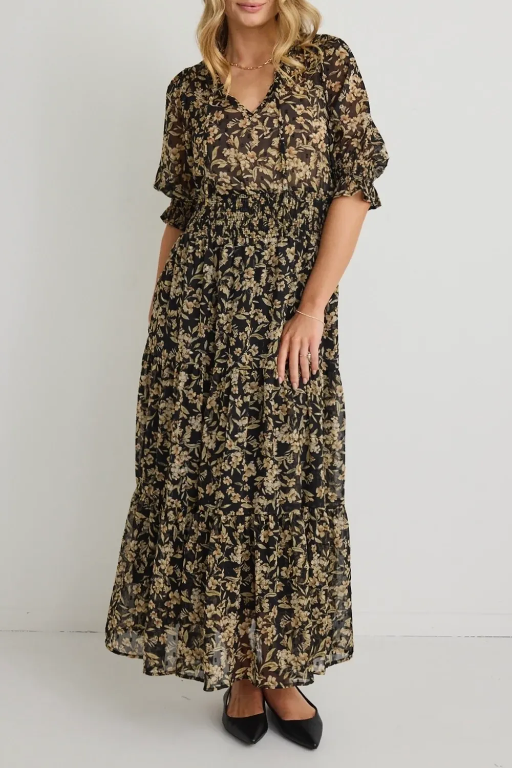 Charlie Black Gold Floral SS V Neck Tiered Midi Dress