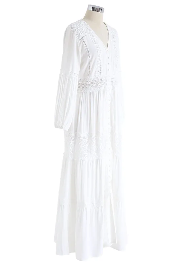 BUTTON DOWN CROCHET EMBROIDERED BOHO MAXI DRESS IN WHITE