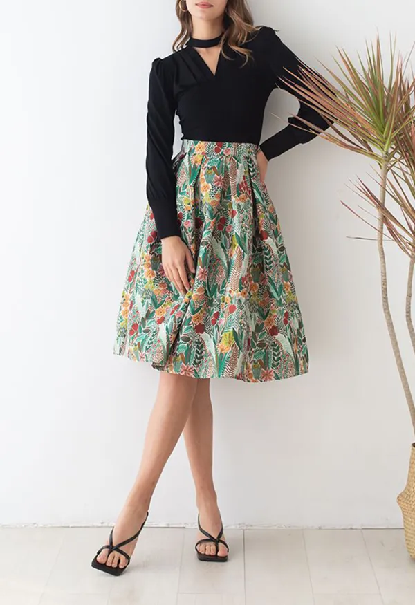 SPRING SCENERY JACQUARD PLEATED MIDI SKIRT