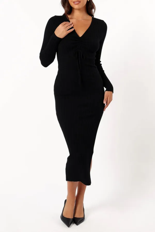 IRENE LONG SLEEVE MIDI DRESS - BLACK