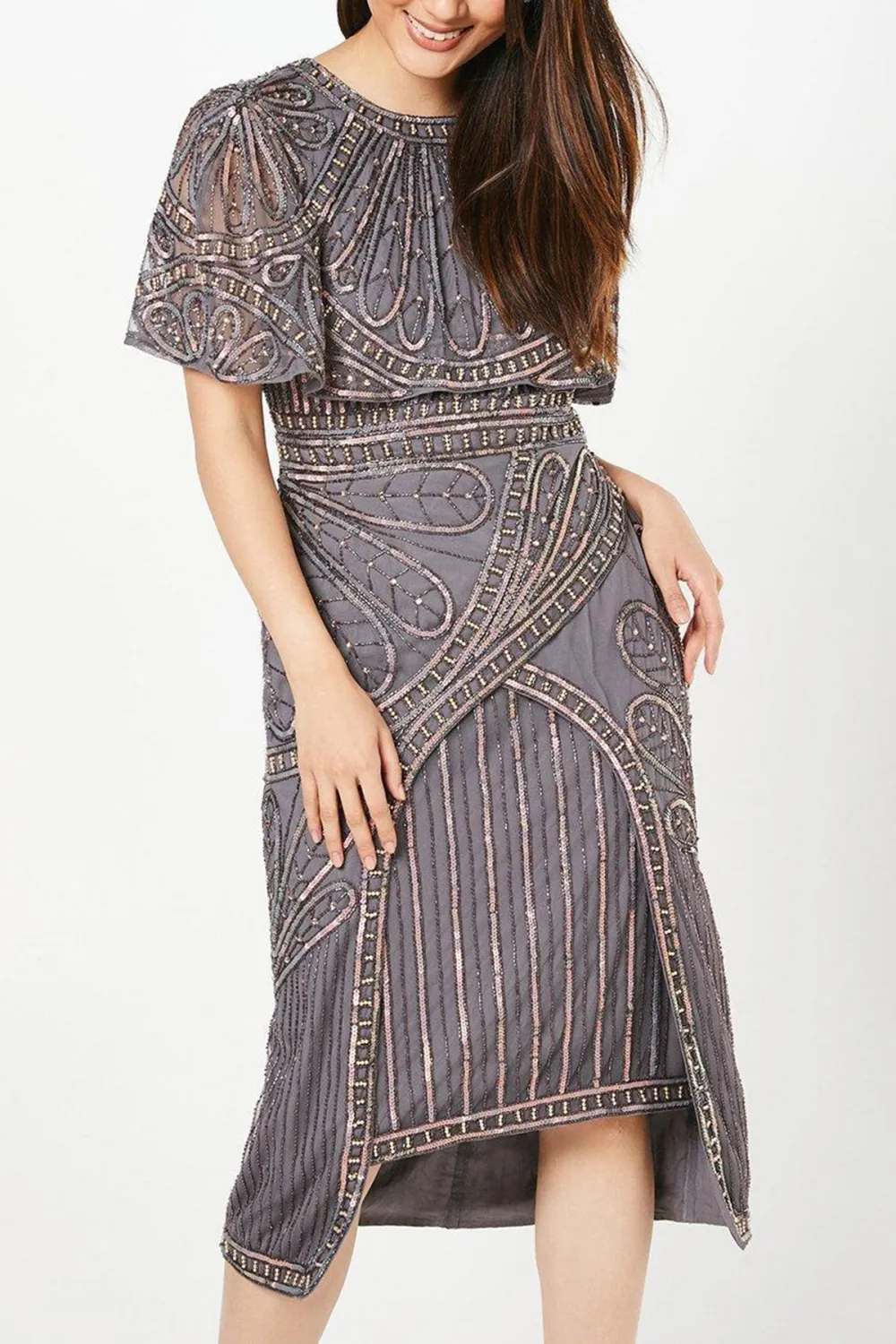 Premium Hand Embellished Cape Midi Dress