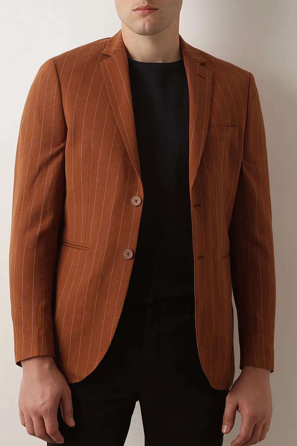 Brown Striped Casual Blazer