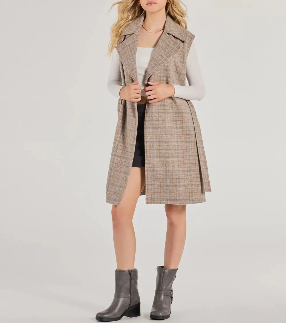 Plaid Pursuit Faux Wool Long Belted Vest