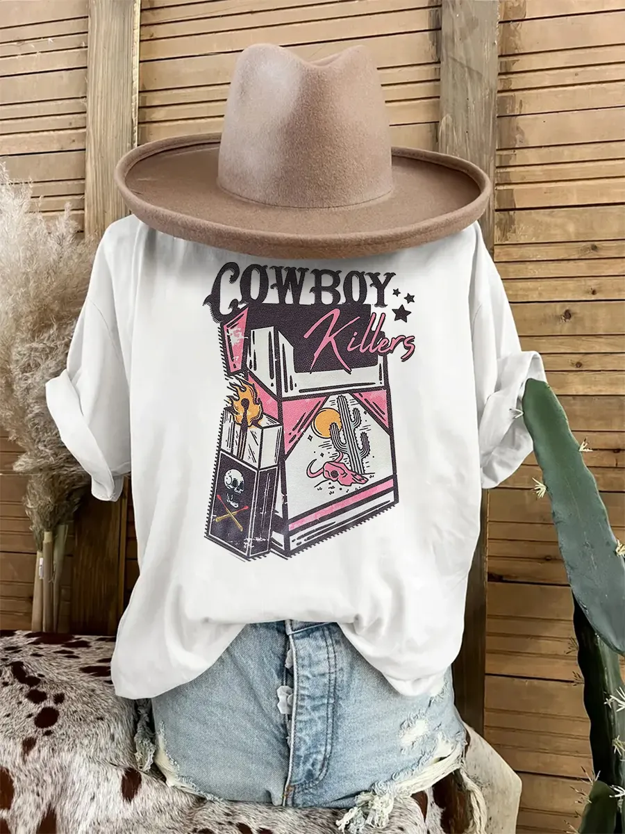 Retro Western Cowboy Knight Letter Pattern Printed Round Neck T-shirt