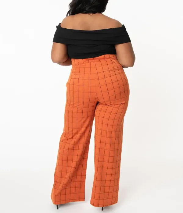 Unique Vintage Plus Size 1940s Orange Windowpane High Waist Ginger Pants