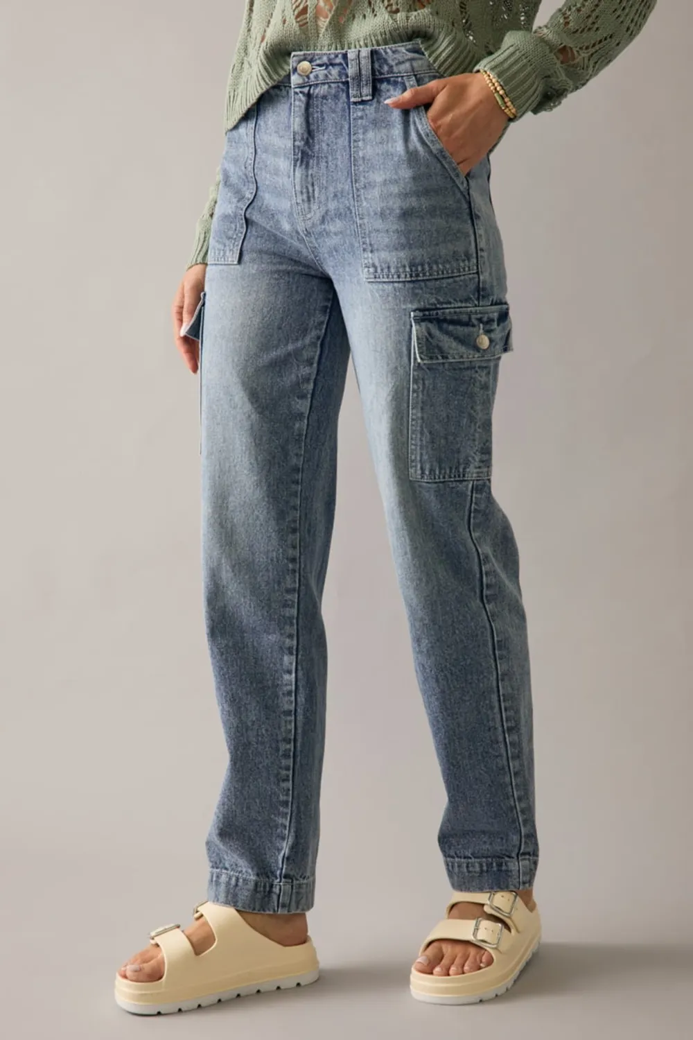 Jen Mid Rise Straight Leg Cargo Denim Jeans