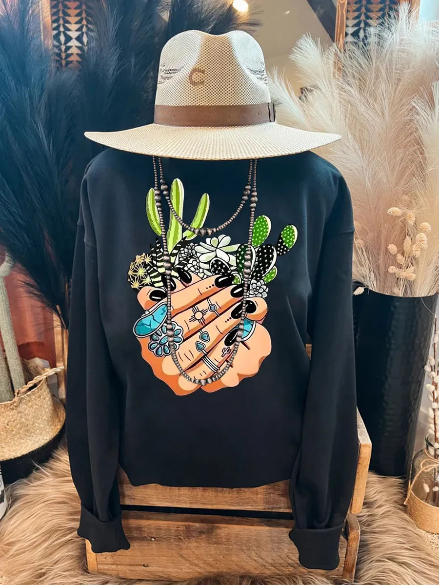 Wild West Cactus Pattern Printed Casual Round Neck Sweatshirt