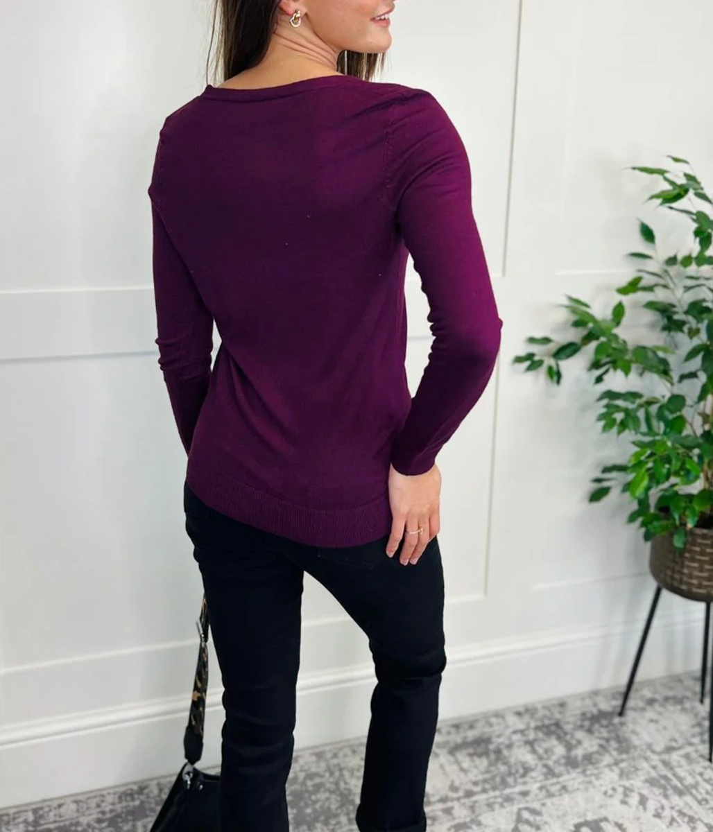 Plum V Neck Button Cardigan