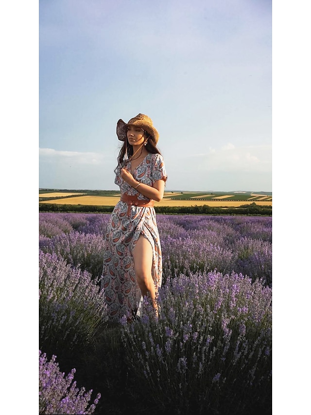 Women's Wrap Dress Maxi long Dress Red Brown Short Sleeve Floral Print Split Ruffle Boho Dress Spring Summer Dress V Neck Elegant Vintage 2023 S M L XL XXL 3XL