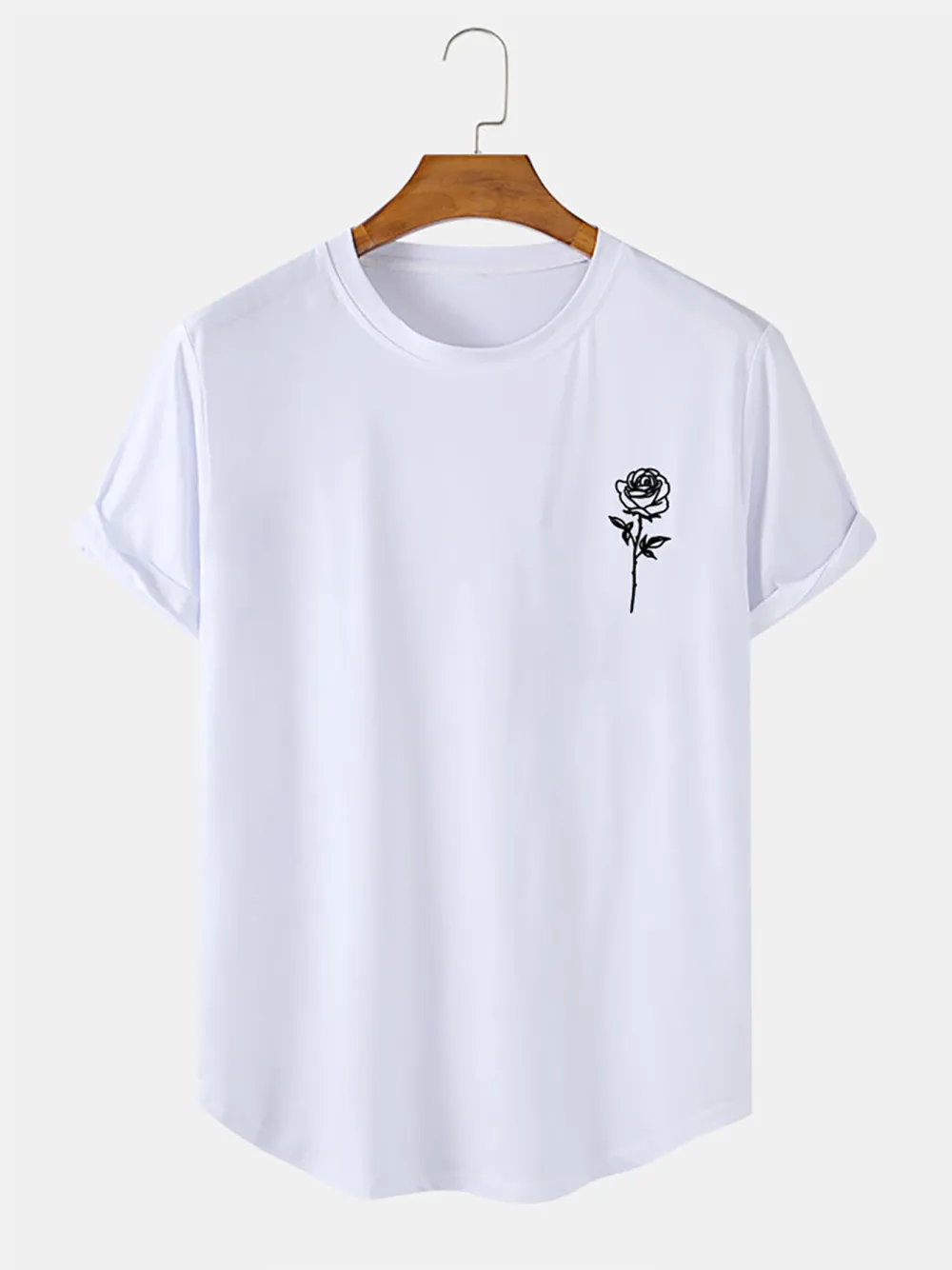 Rose Print Arc Hem T-Shirt