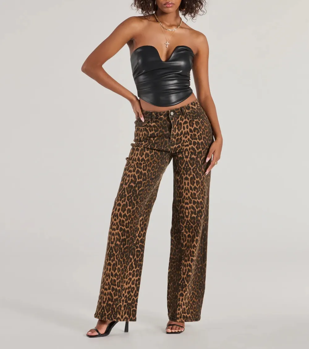 Fierce Aura Wide Leg Leopard Print Denim Jeans