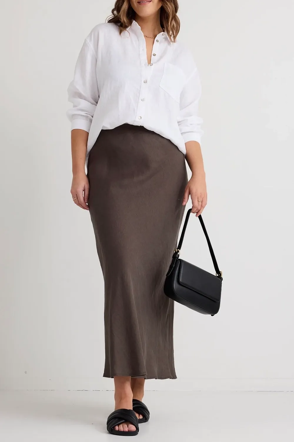 Bliss Dark Olive Linen Bias Midi Skirt