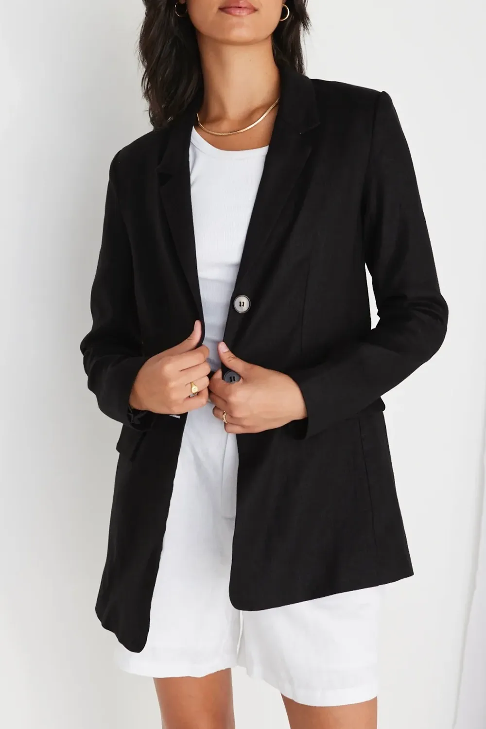 Aster Black Linen Single Breasted Longline Blazer