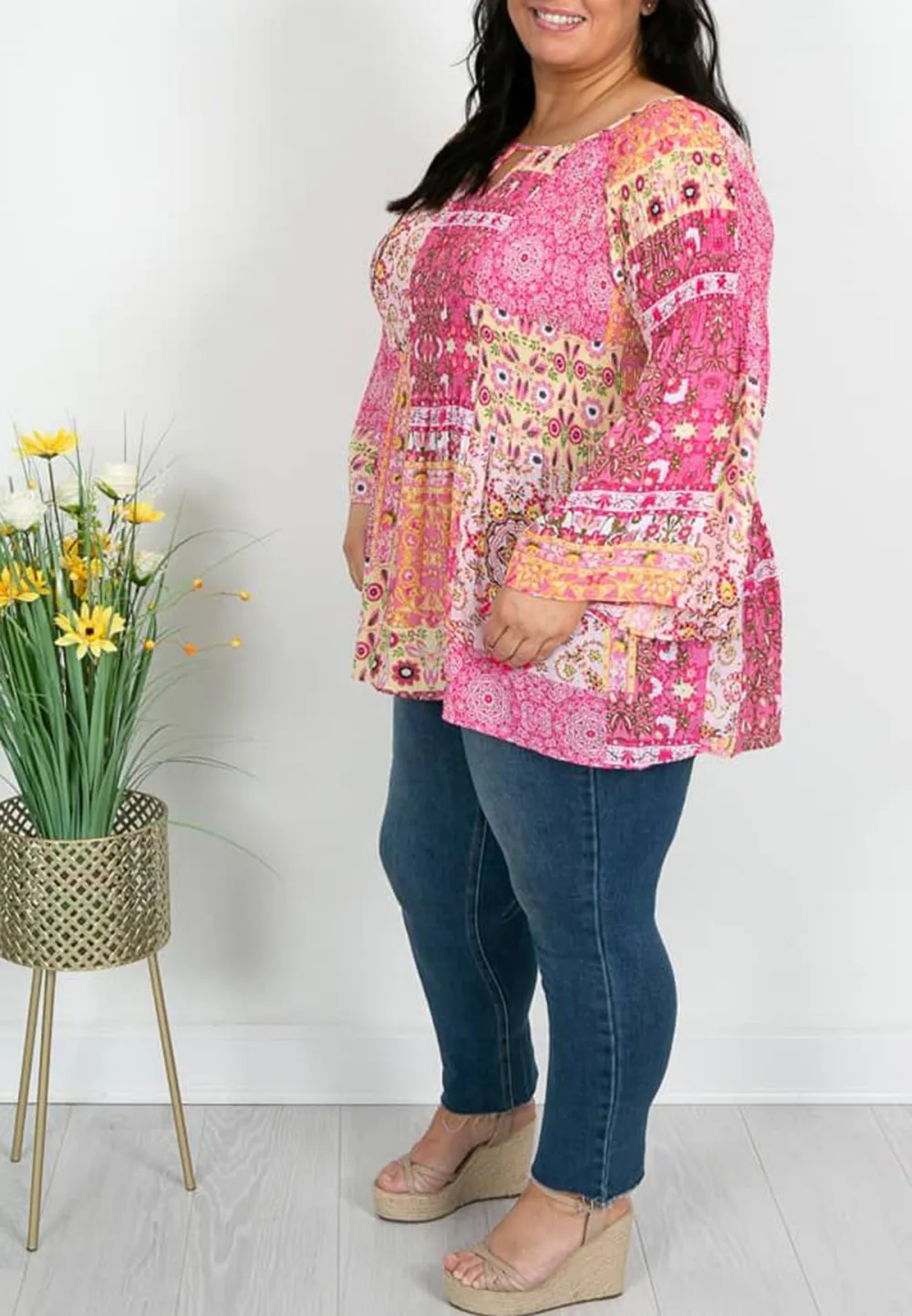 Pink and Yellow Paisley Pleat Top