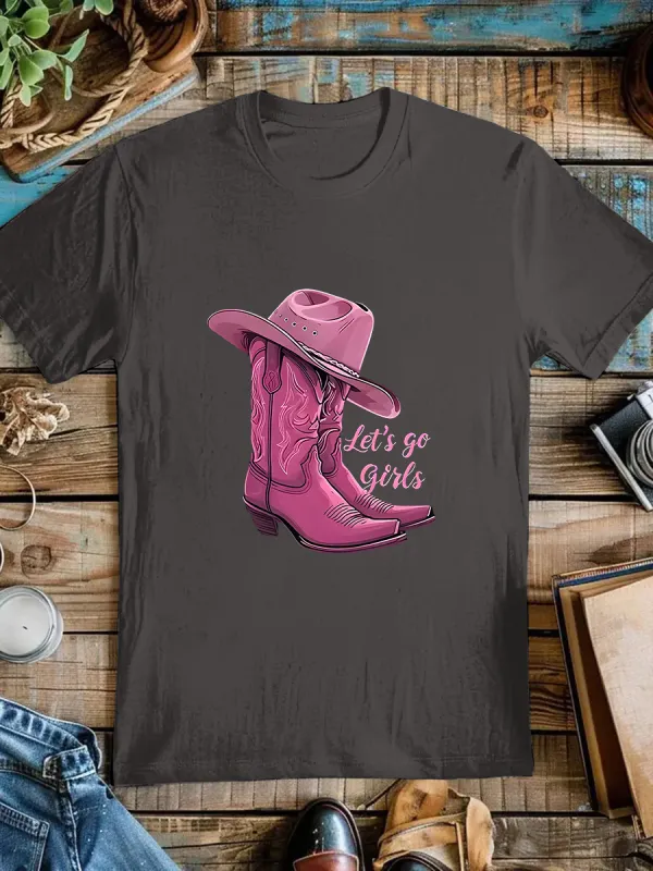 Trendy Pink Cowgirl Boots & Hat Graphic Tee