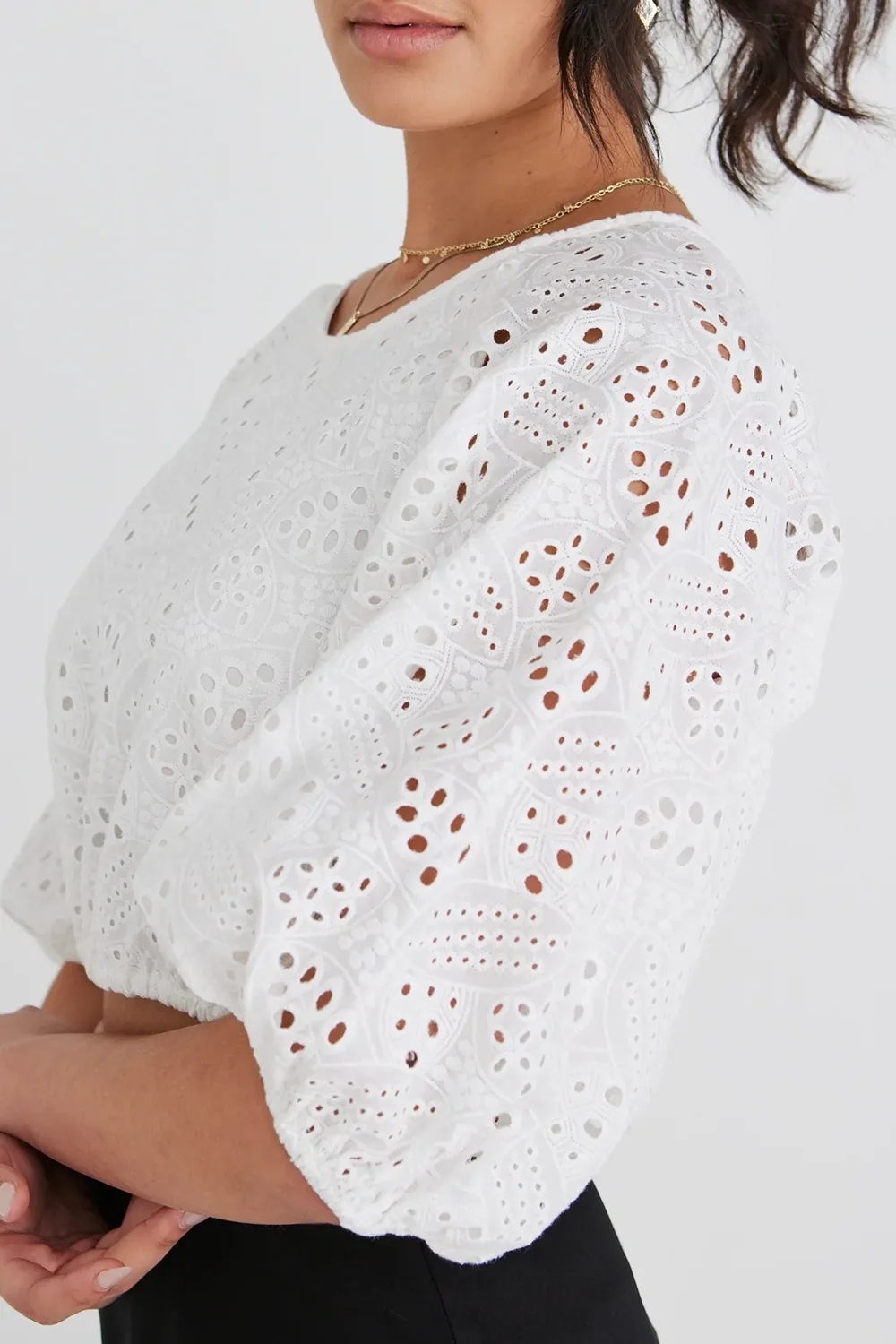 Embellish White Broidery Anglaise Cropped Puff Sleeve Top