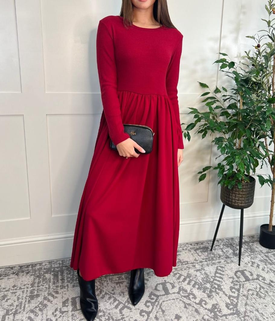 Red Knitted Bodice Midi Dress