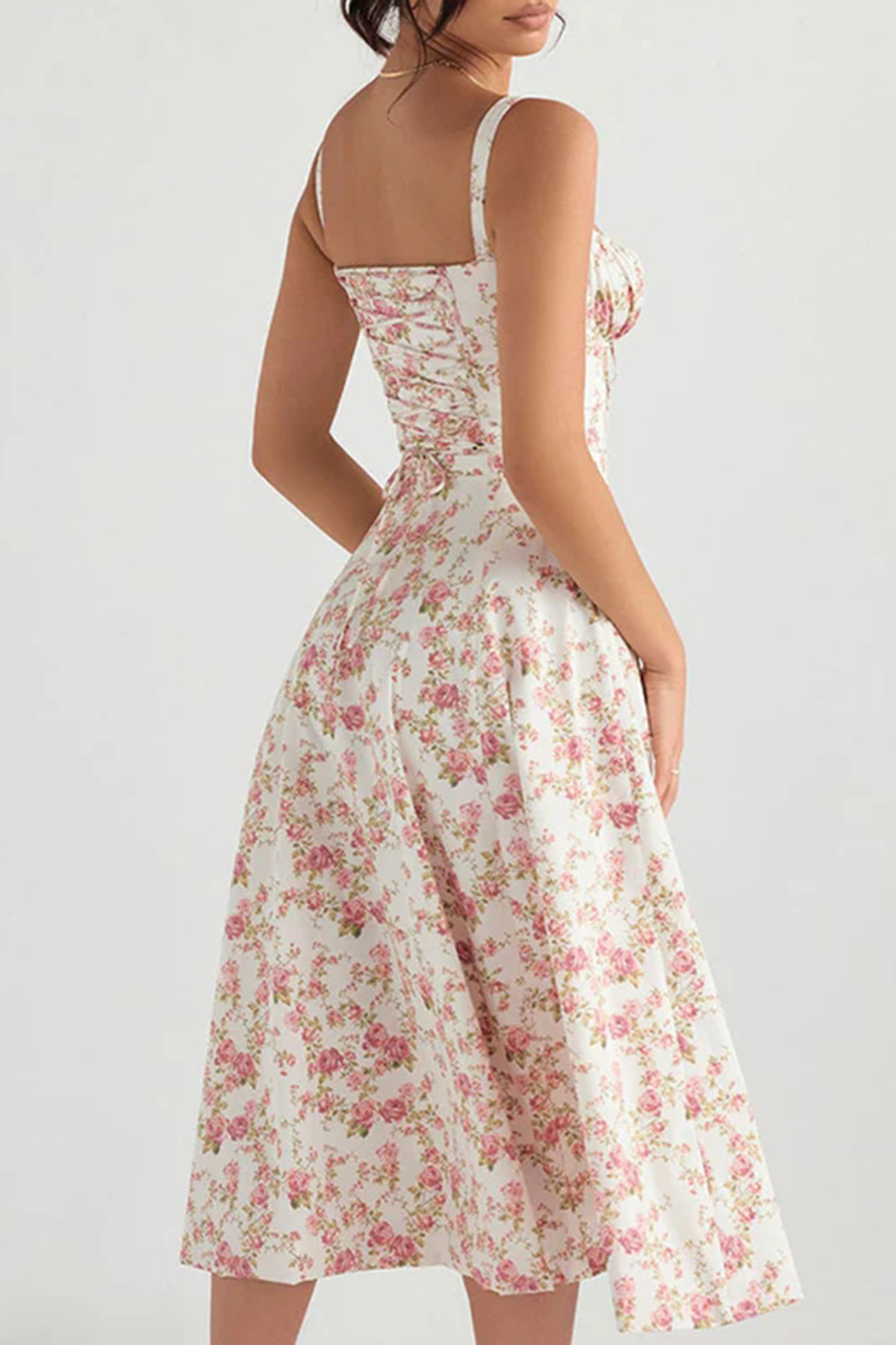 Fresh Bustier Tie Front Slit Floral Printed Midi Sundress - Pink