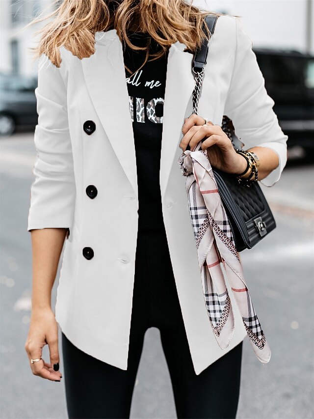 Women's Blazer Outdoor Button Solid Color Warm Fashion Regular Fit Outerwear Long Sleeve Fall Light Blue S